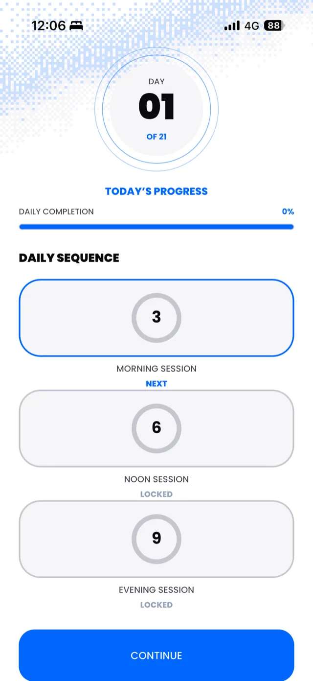 The 369 daily sequence screen, day one of twenty-one