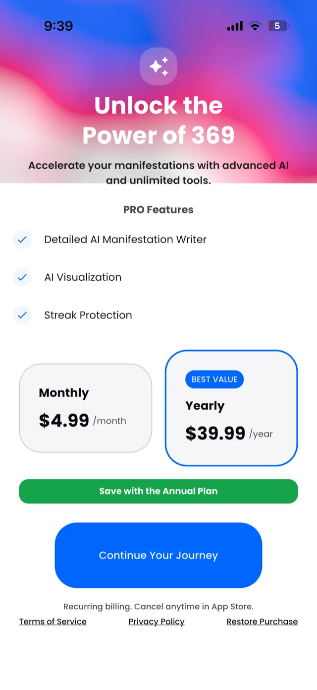 The 369 PRO upgrade screen, listing the three premium features above the monthly and yearly prices